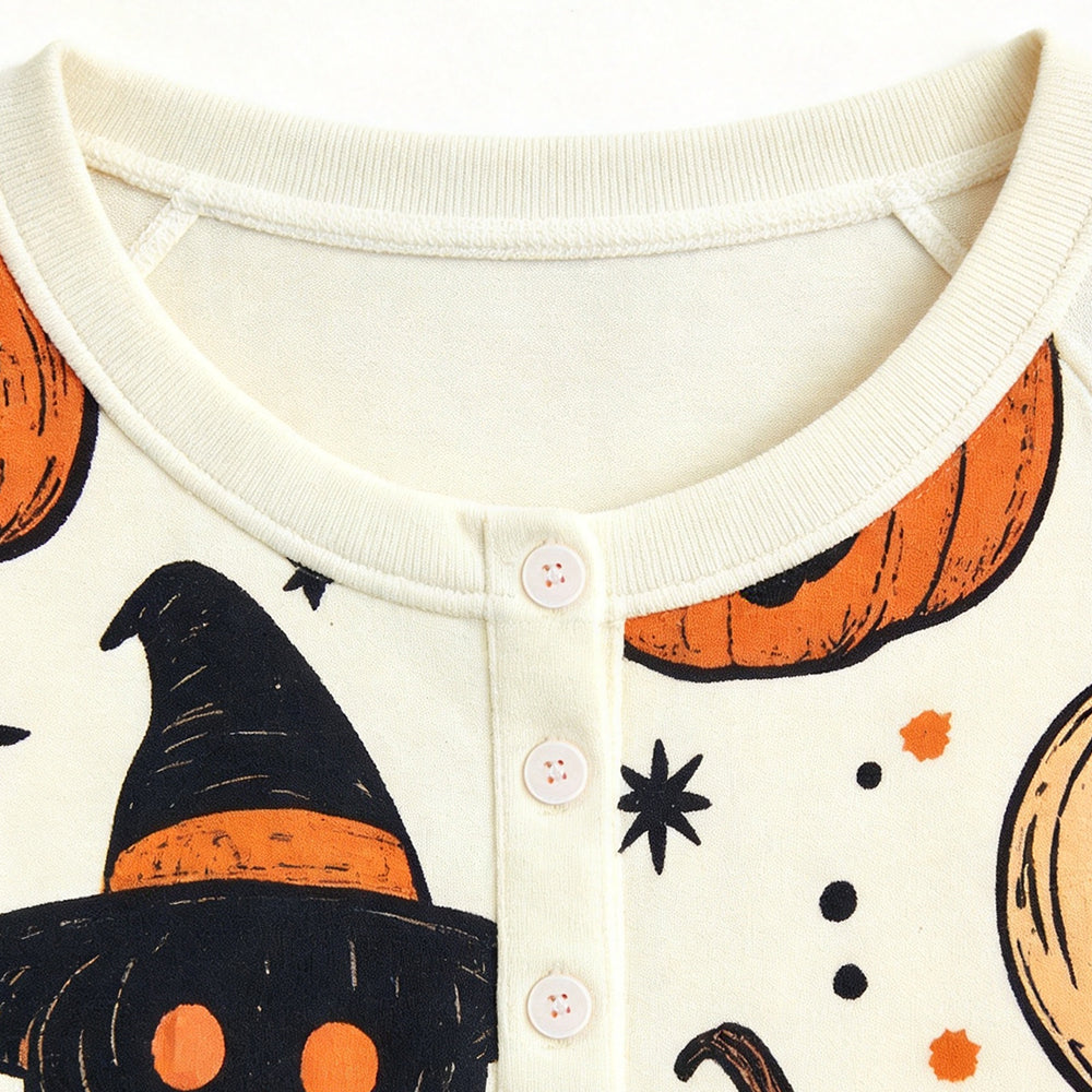 Playful Halloween Jack-O'-Lantern & Witch Hat Print Matching Family Pajama Set, Long Sleeve Henley Cotton Loungewear