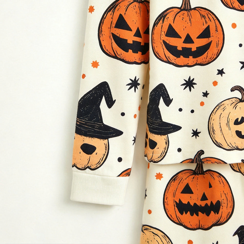 Playful Halloween Jack-O'-Lantern & Witch Hat Print Matching Family Pajama Set, Long Sleeve Henley Cotton Loungewear