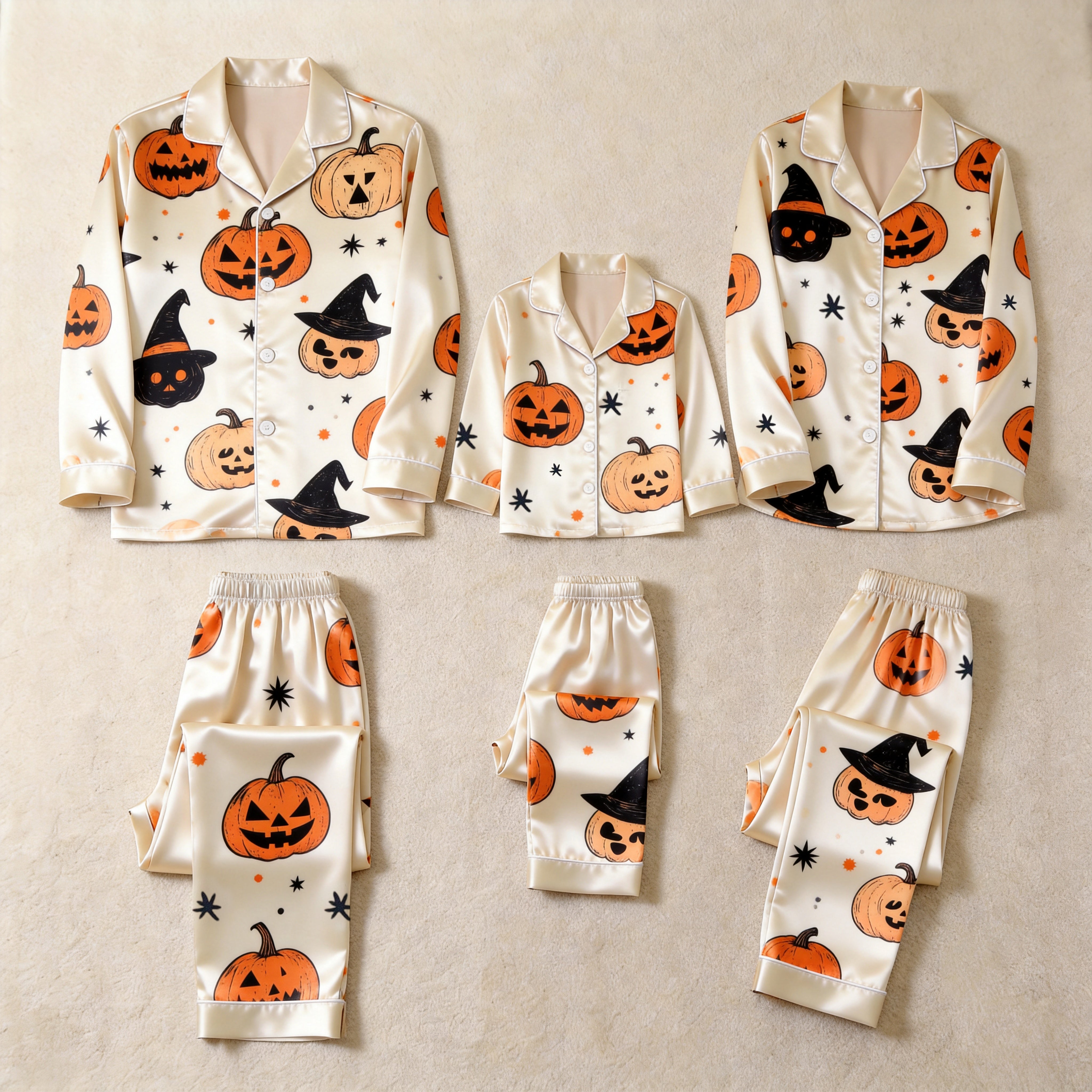 Cream Pumpkin & Witch Hat Print Satin Button-Up Family Halloween Pajamas Set
