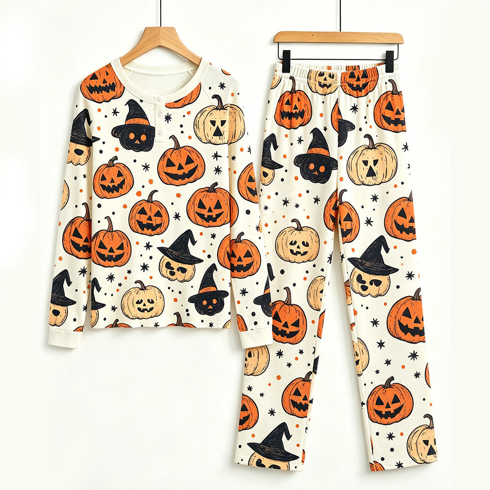 Playful Halloween Jack-O'-Lantern & Witch Hat Print Matching Family Pajama Set, Long Sleeve Henley Cotton Loungewear