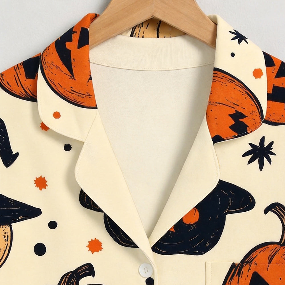 Whimsical Halloween Witch Hat & Jack-o'-Lantern Print Matching Family Pajama Set, Button-Down Cotton Loungewear