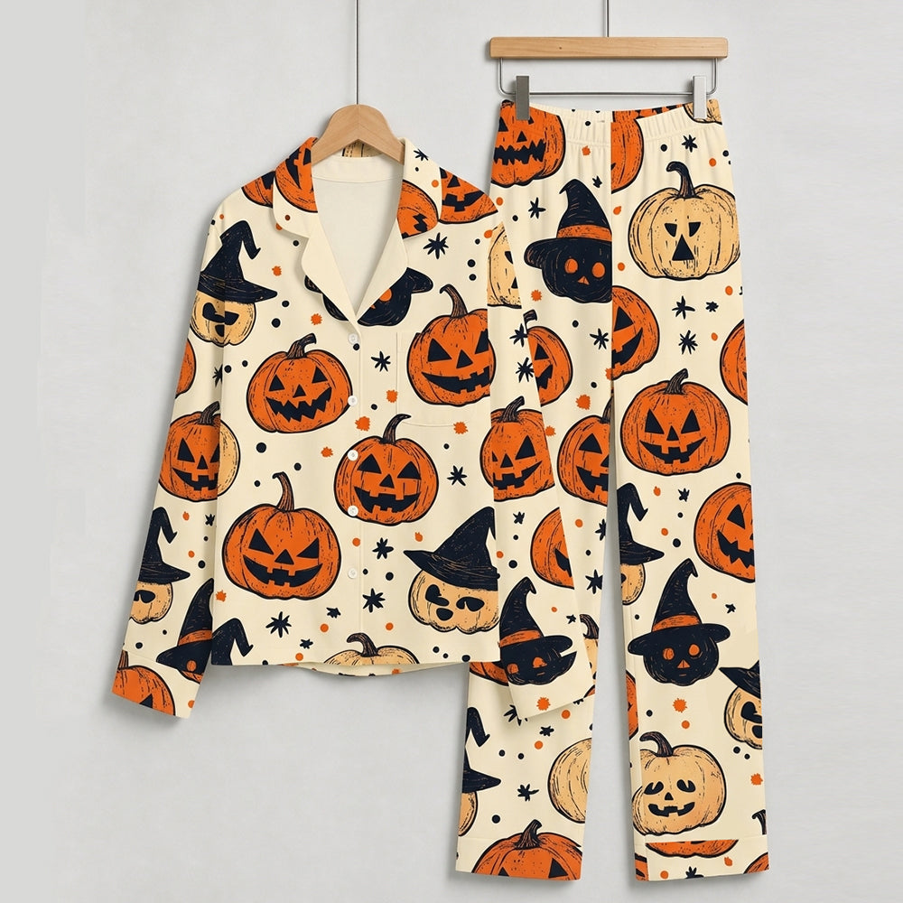 Whimsical Halloween Witch Hat & Jack-o'-Lantern Print Matching Family Pajama Set, Button-Down Cotton Loungewear
