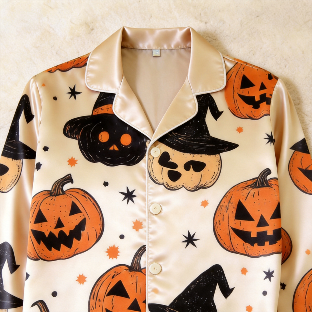 Pumpkin and Witch Hat Satin Matching Pajamas for Couples – Long Sleeve Button-Down Top & Pants Sleepwear Set