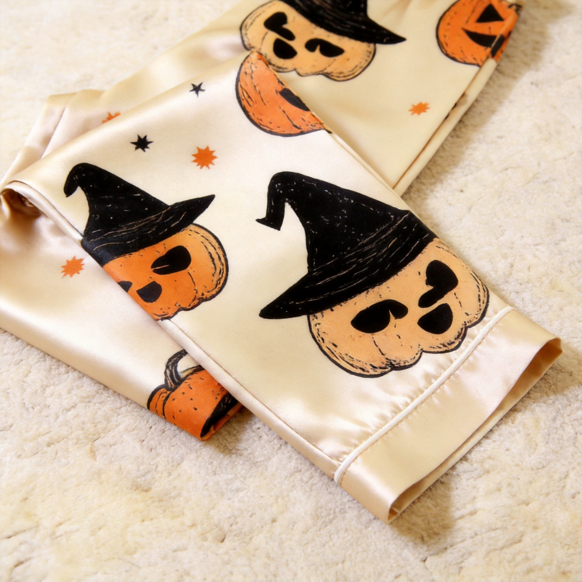 Pumpkin and Witch Hat Satin Matching Pajamas for Couples – Long Sleeve Button-Down Top & Pants Sleepwear Set