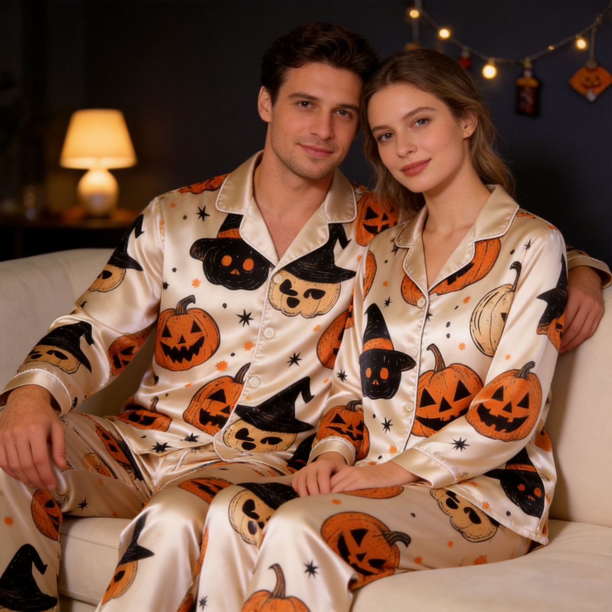 Pumpkin and Witch Hat Satin Matching Pajamas for Couples – Long Sleeve Button-Down Top & Pants Sleepwear Set