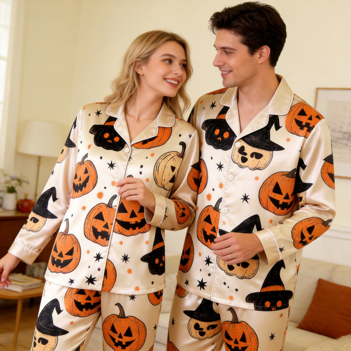 Pumpkin and Witch Hat Satin Matching Pajamas for Couples – Long Sleeve Button-Down Top & Pants Sleepwear Set