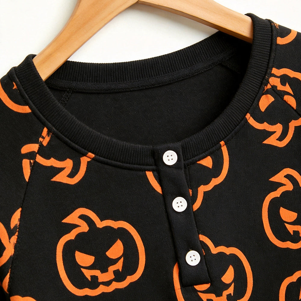 Spooky Halloween Jack-O'-Lantern Print Matching Family Pajama Set, Long Sleeve Henley Cotton Loungewear
