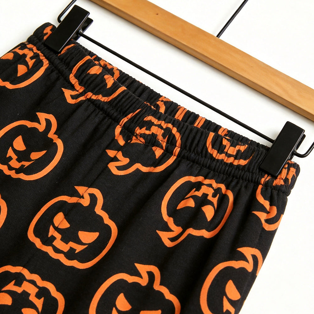 Spooky Halloween Jack-O'-Lantern Print Matching Family Pajama Set, Long Sleeve Henley Cotton Loungewear