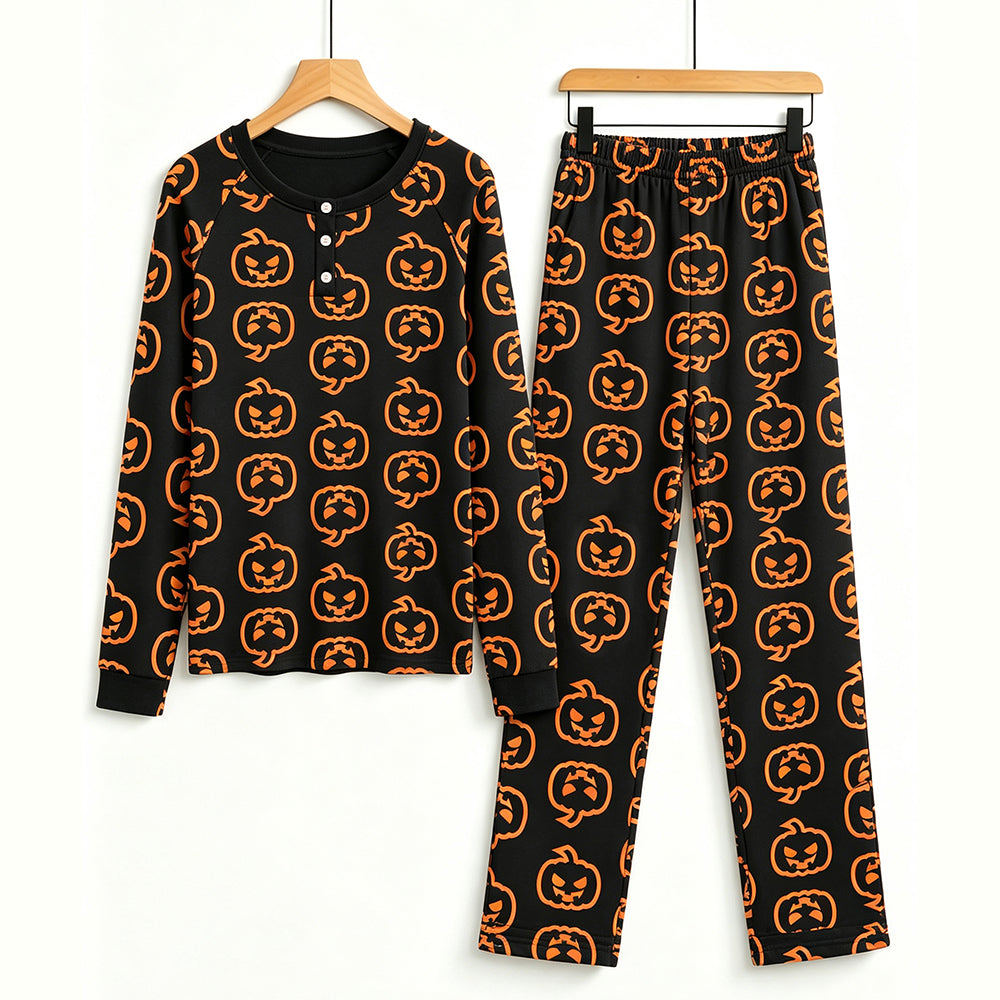 Spooky Halloween Jack-O'-Lantern Print Matching Family Pajama Set, Long Sleeve Henley Cotton Loungewear