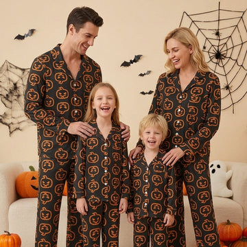 Spooky Halloween Neon Jack-o'-Lantern Print Matching Family Pajama Set, Button-Down Cotton Loungewear
