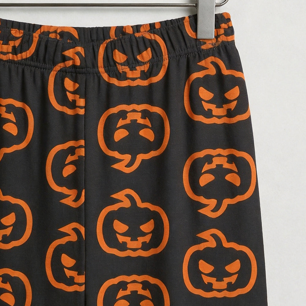 Spooky Halloween Neon Jack-o'-Lantern Print Matching Family Pajama Set, Button-Down Cotton Loungewear