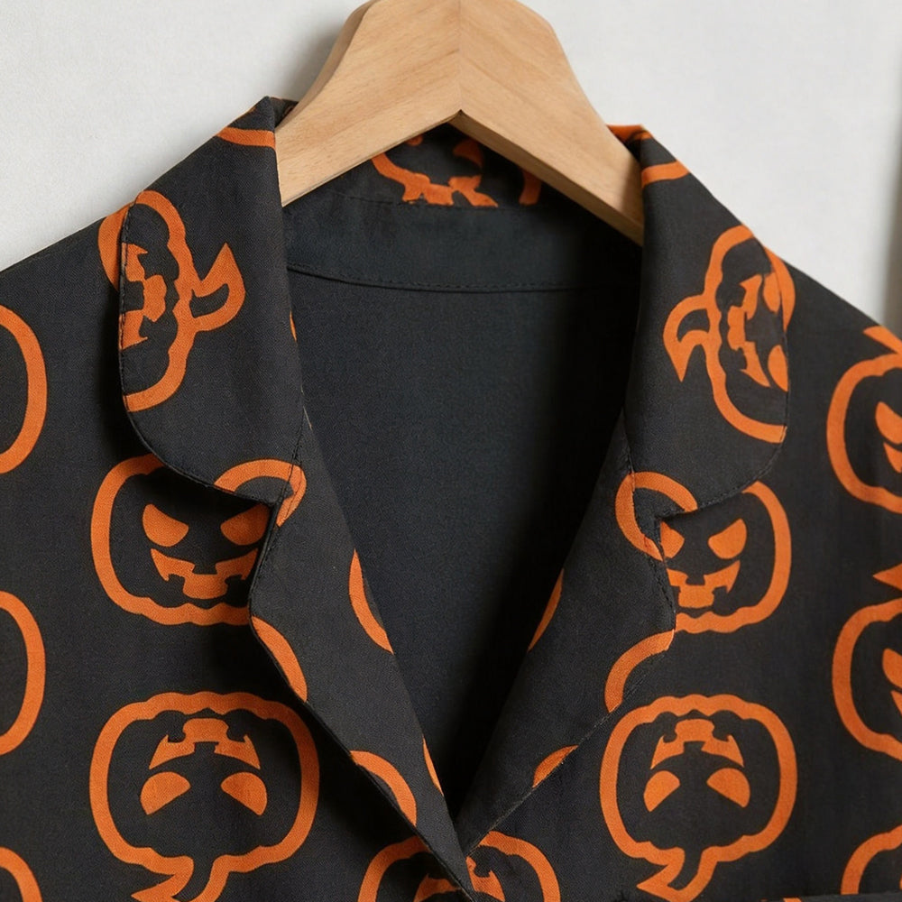 Spooky Halloween Neon Jack-o'-Lantern Print Matching Family Pajama Set, Button-Down Cotton Loungewear