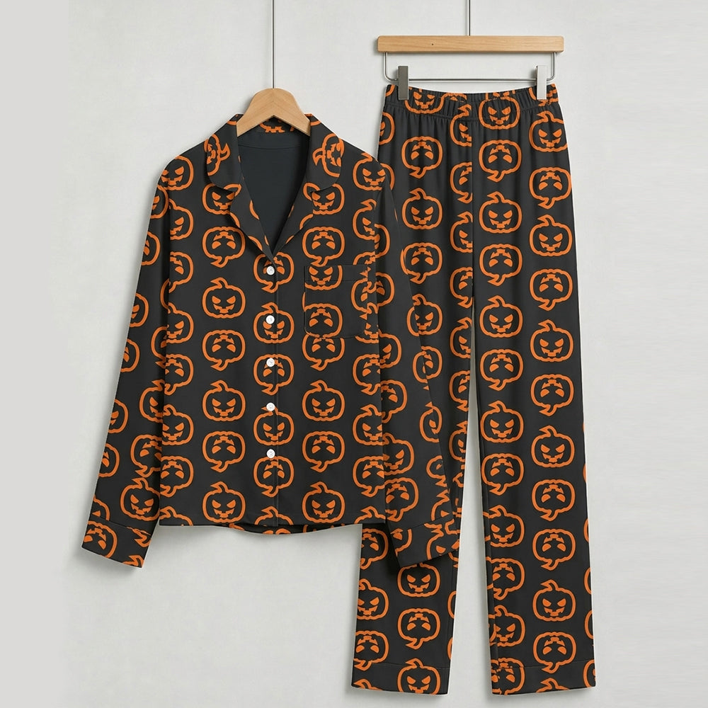 Spooky Halloween Neon Jack-o'-Lantern Print Matching Family Pajama Set, Button-Down Cotton Loungewear