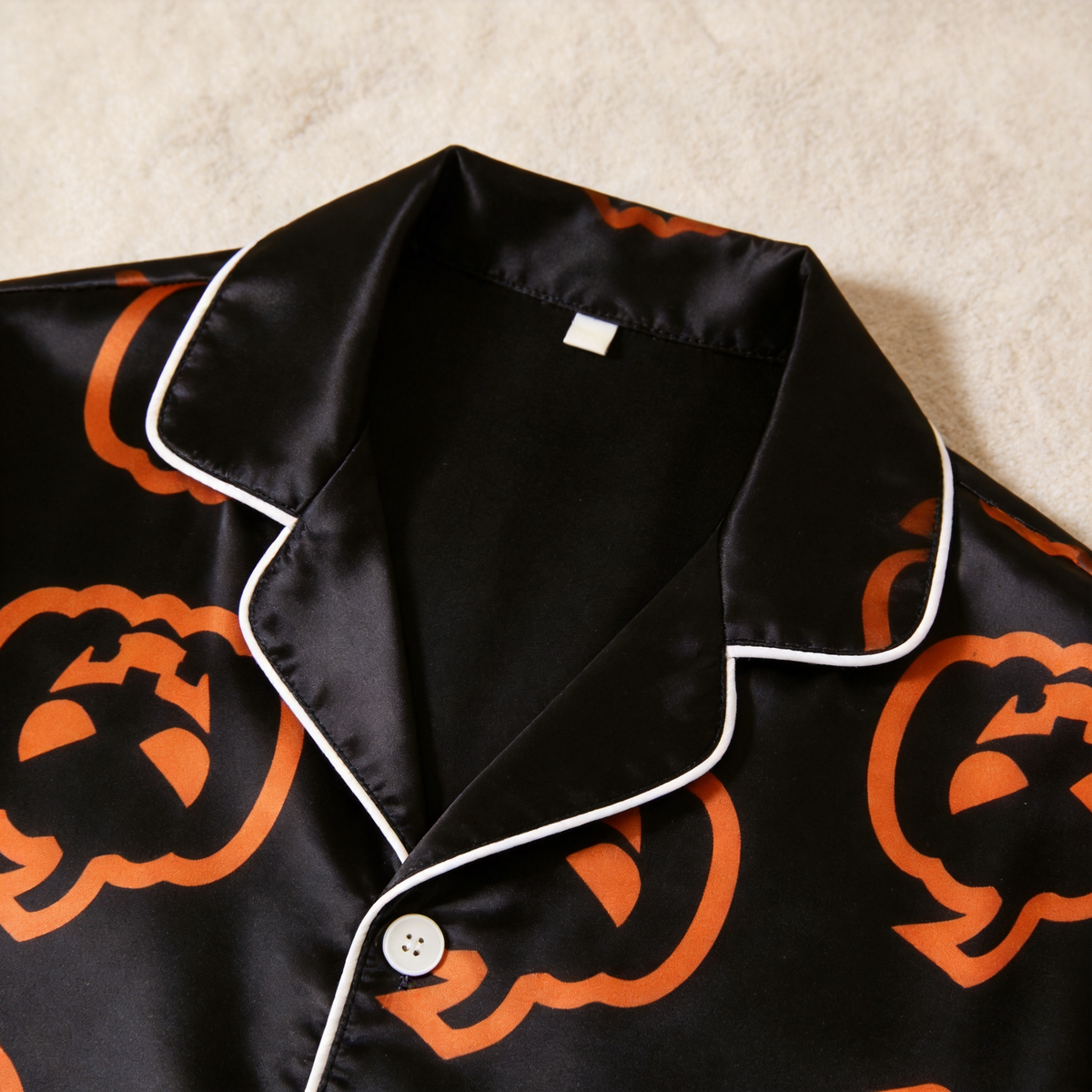 Pumpkin Print Black Satin Matching Pajamas for Couples – Long Sleeve Button-Down Top & Pants Sleepwear Set