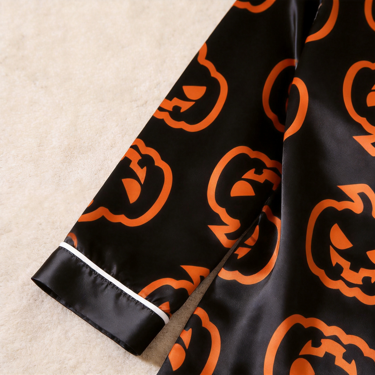 Pumpkin Print Black Satin Matching Pajamas for Couples – Long Sleeve Button-Down Top & Pants Sleepwear Set