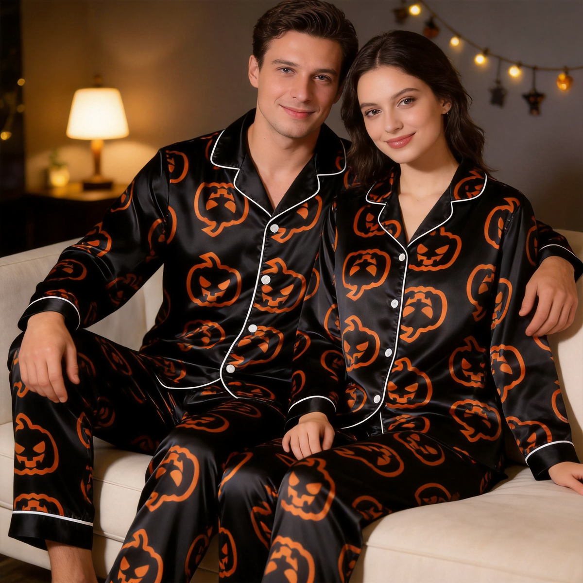 Pumpkin Print Black Satin Matching Pajamas for Couples – Long Sleeve Button-Down Top & Pants Sleepwear Set