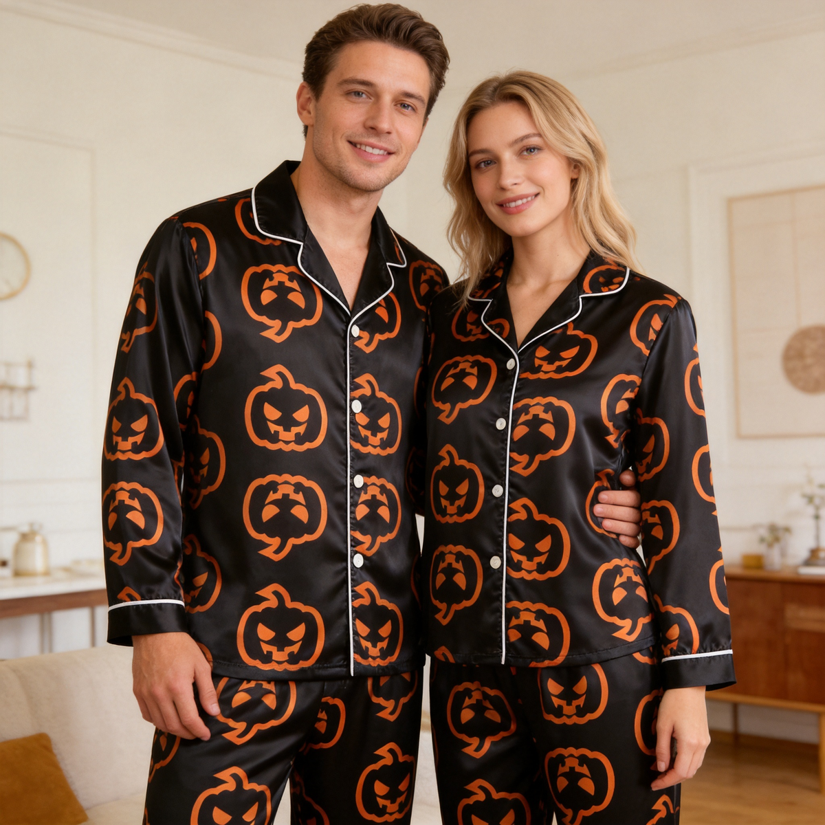 Pumpkin Print Black Satin Matching Pajamas for Couples – Long Sleeve Button-Down Top & Pants Sleepwear Set
