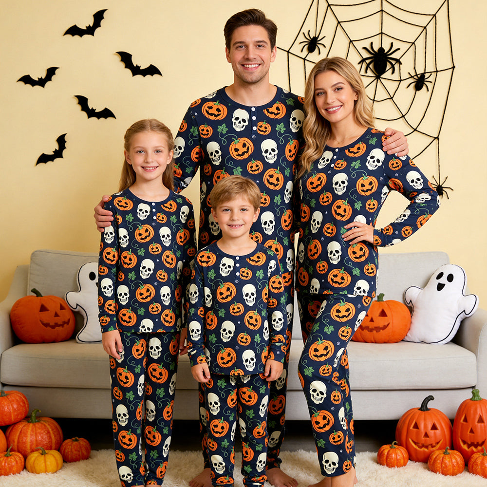 Spooky Halloween Skull & Jack-O'-Lantern Print Matching Family Pajama Set, Long Sleeve Henley Cotton Loungewear