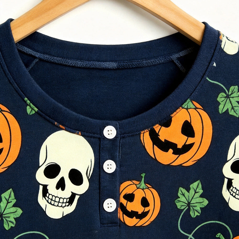 Spooky Halloween Skull & Jack-O'-Lantern Print Matching Family Pajama Set, Long Sleeve Henley Cotton Loungewear