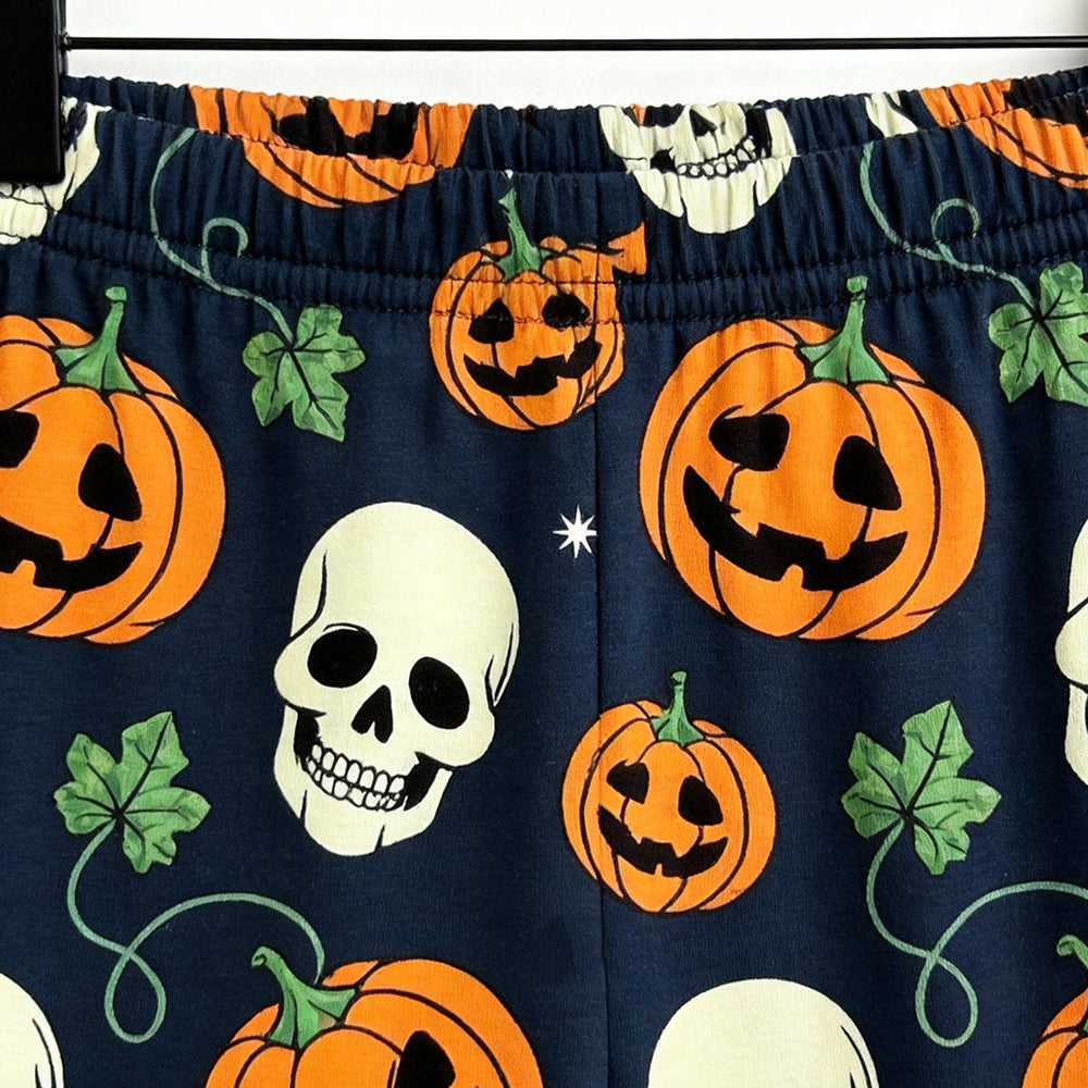 Spooky Halloween Skull & Jack-O'-Lantern Print Matching Family Pajama Set, Long Sleeve Henley Cotton Loungewear