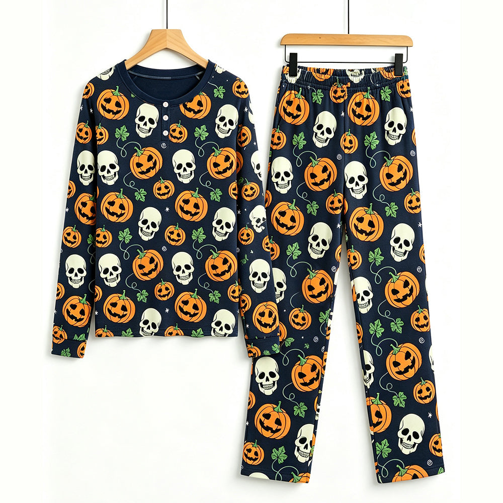 Spooky Halloween Skull & Jack-O'-Lantern Print Matching Family Pajama Set, Long Sleeve Henley Cotton Loungewear