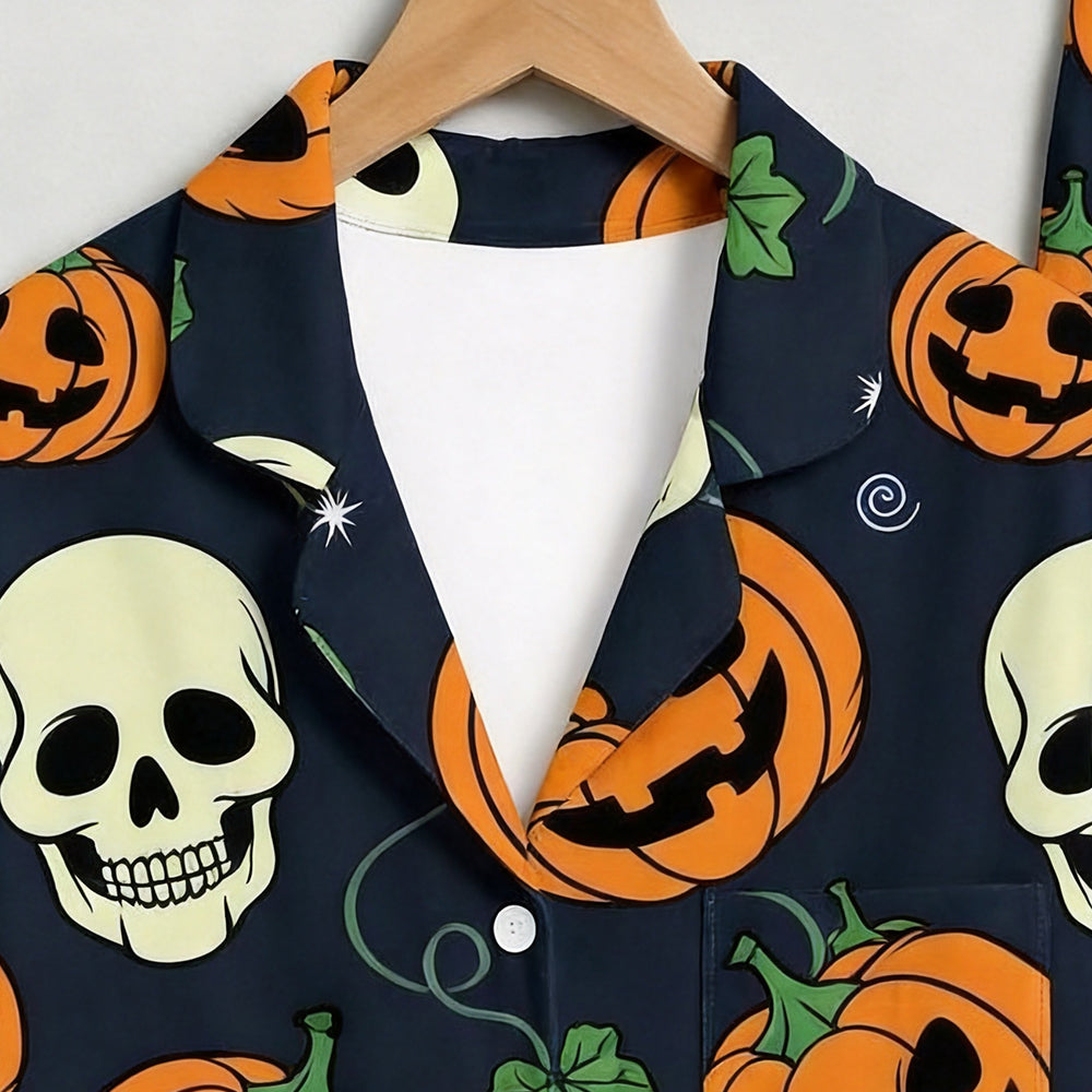 Spooky Halloween Skull & Jack-o'-Lantern Print Matching Family Pajama Set, Button-Down Cotton Loungewear