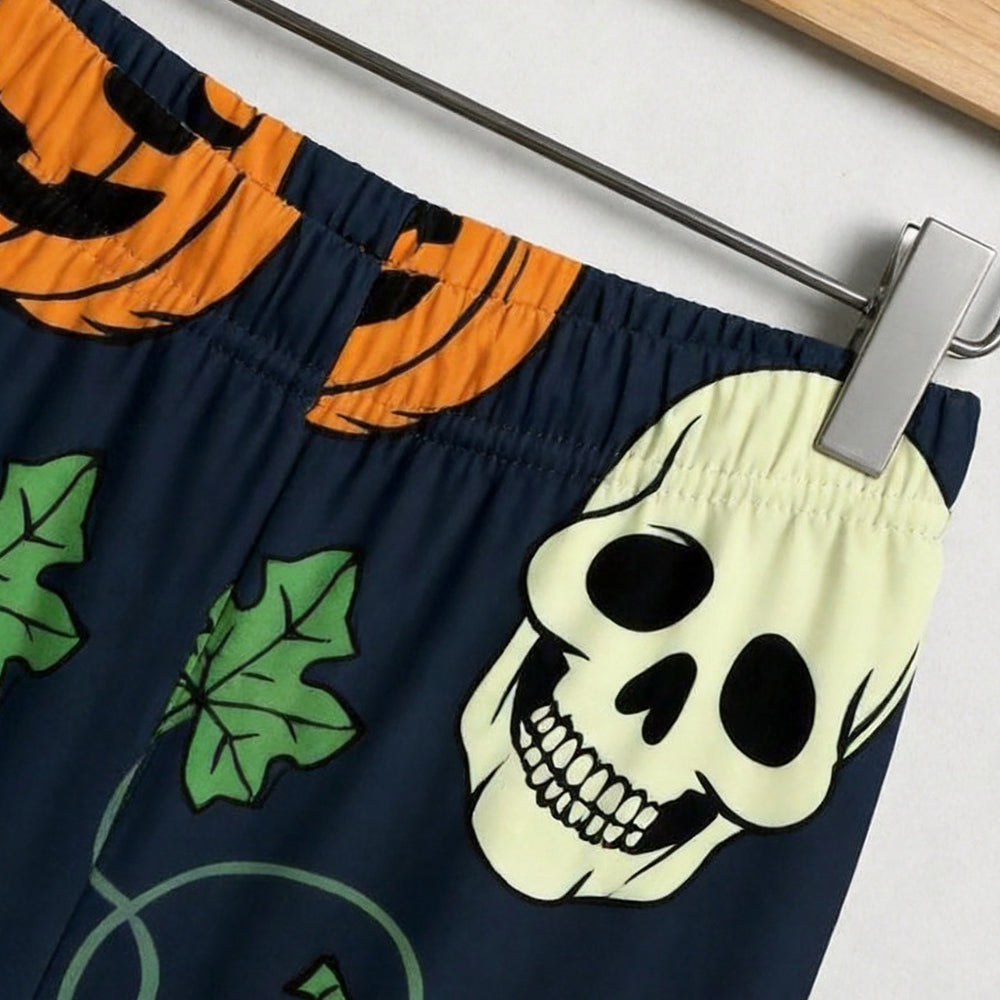 Spooky Halloween Skull & Jack-o'-Lantern Print Matching Family Pajama Set, Button-Down Cotton Loungewear