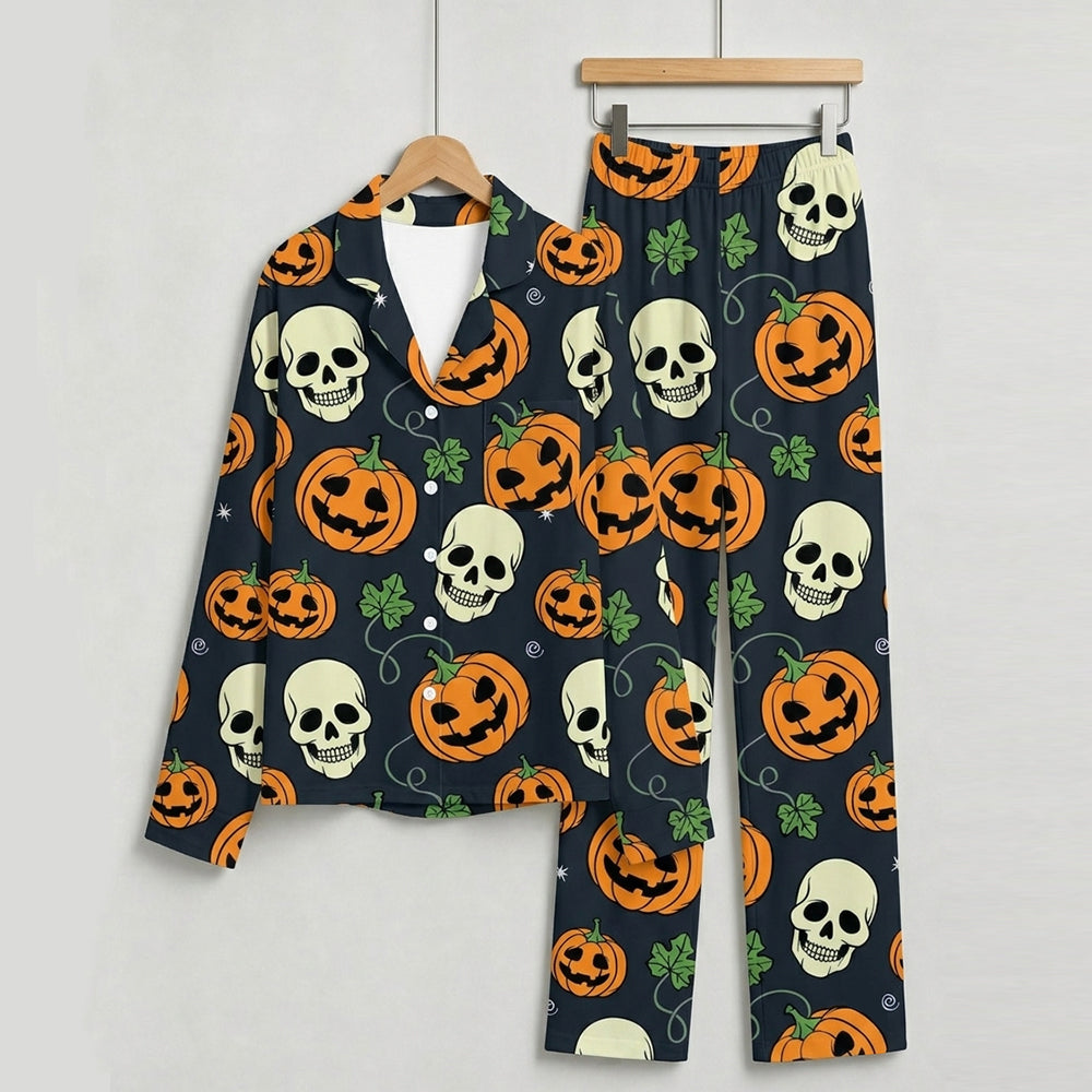 Spooky Halloween Skull & Jack-o'-Lantern Print Matching Family Pajama Set, Button-Down Cotton Loungewear