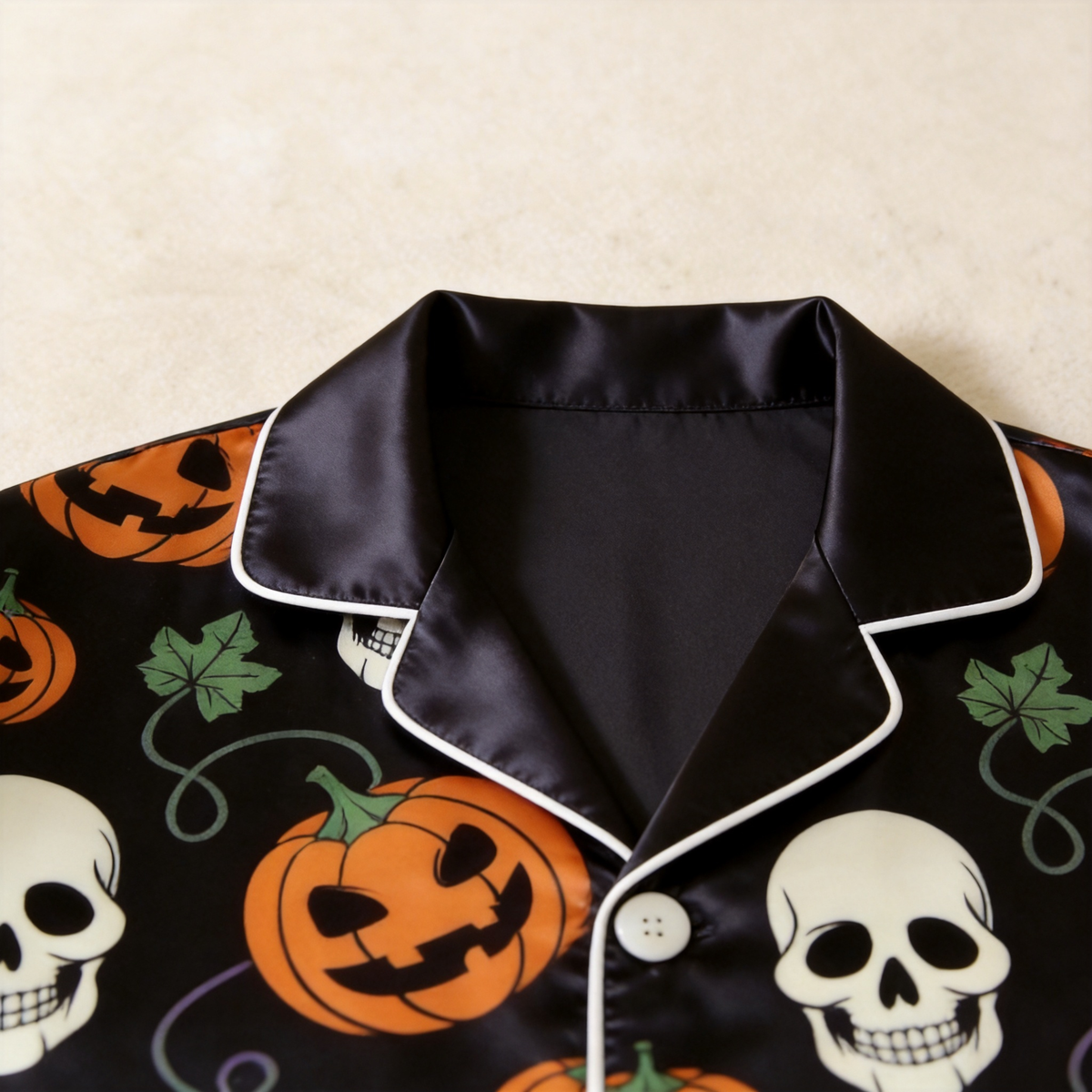 Pumpkin and Skull Print Satin Matching Pajamas for Couples – Long Sleeve Button-Down Top & Pants Sleepwear Set