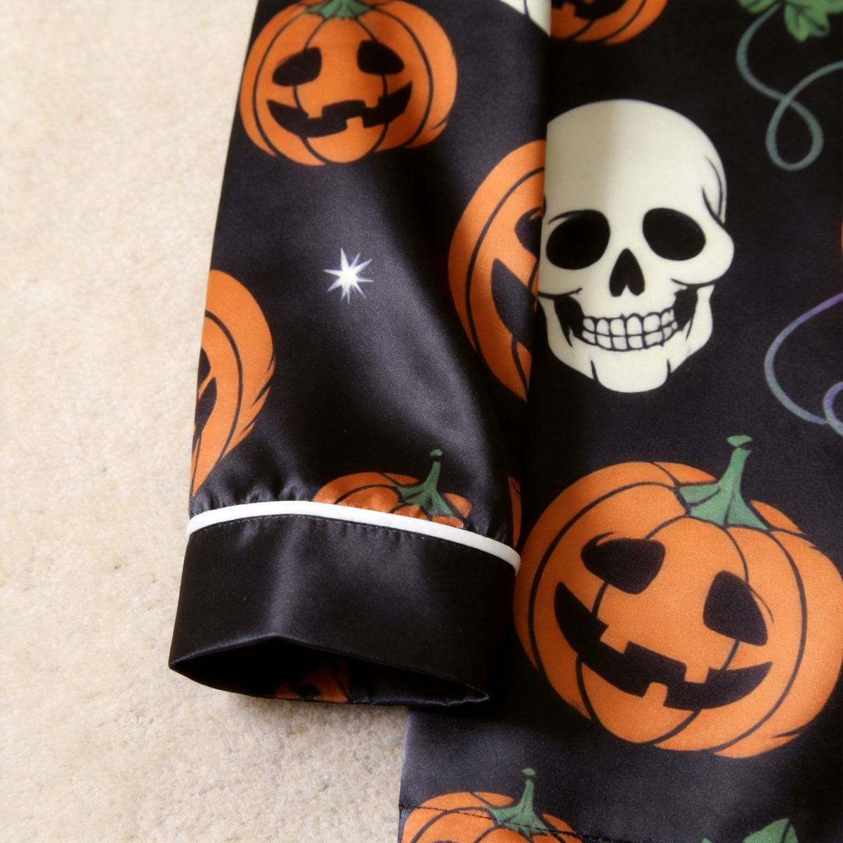 Pumpkin and Skull Print Satin Matching Pajamas for Couples – Long Sleeve Button-Down Top & Pants Sleepwear Set