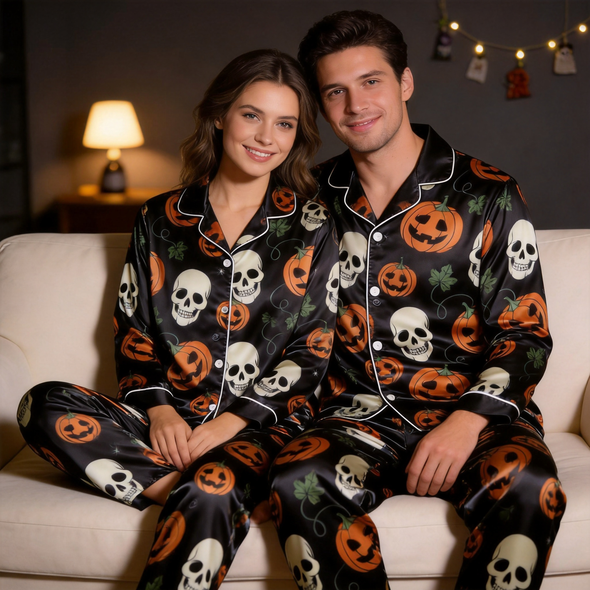 Pumpkin and Skull Print Satin Matching Pajamas for Couples – Long Sleeve Button-Down Top & Pants Sleepwear Set