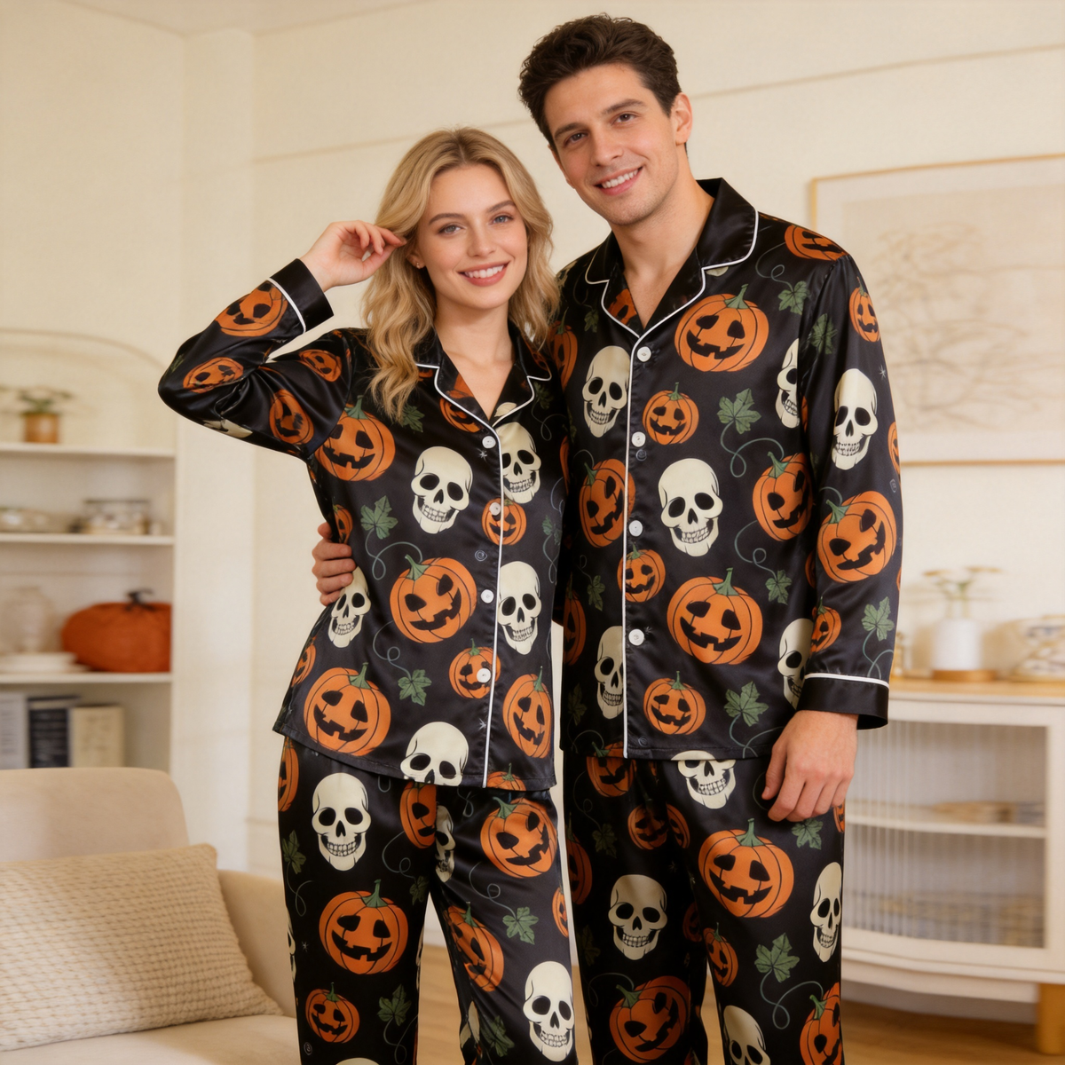 Pumpkin and Skull Print Satin Matching Pajamas for Couples – Long Sleeve Button-Down Top & Pants Sleepwear Set