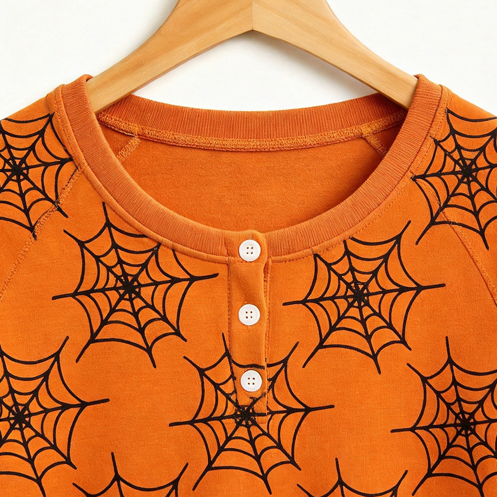 Vibrant Halloween Spiderweb Print Matching Family Pajama Set, Long Sleeve Henley Cotton Loungewear