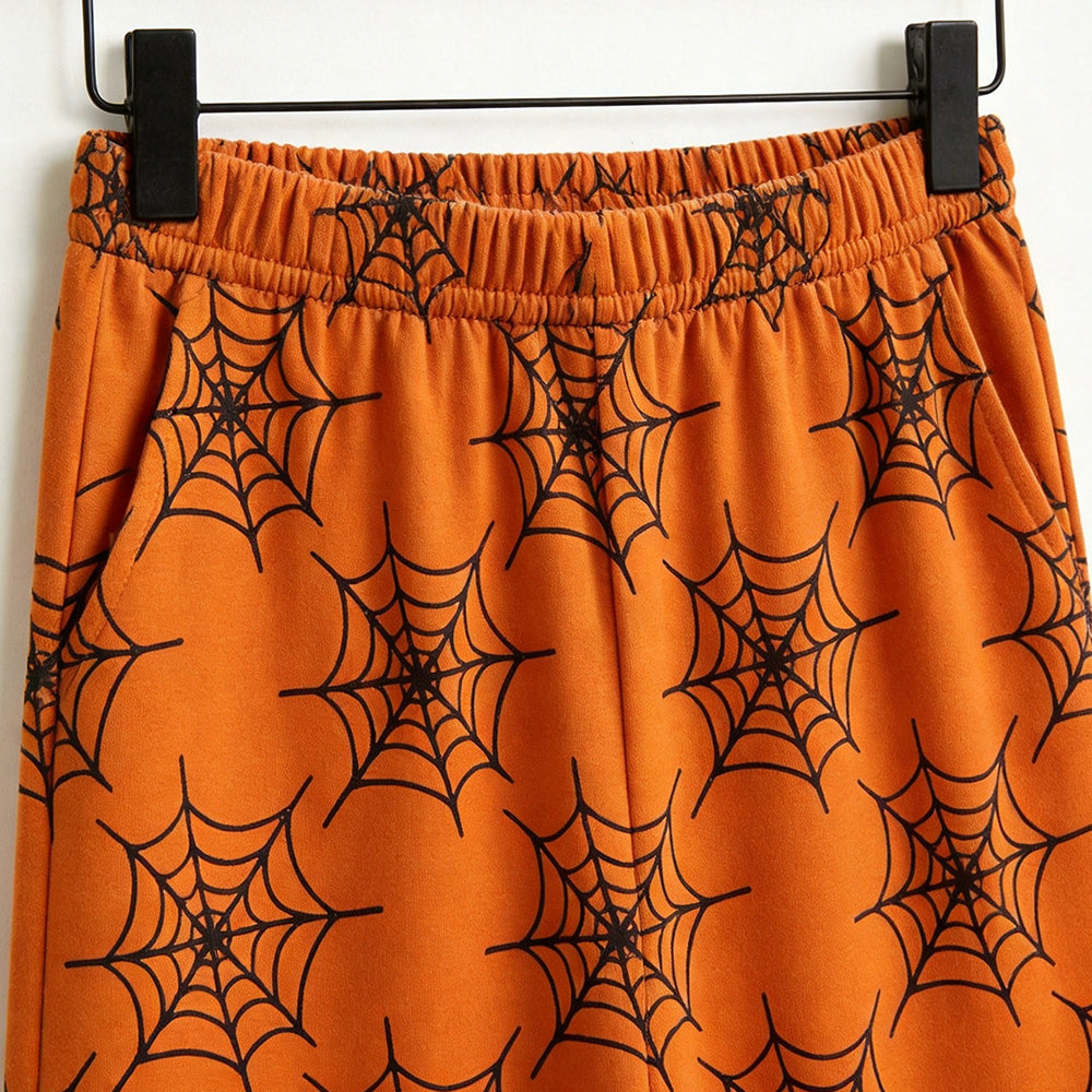Vibrant Halloween Spiderweb Print Matching Family Pajama Set, Long Sleeve Henley Cotton Loungewear