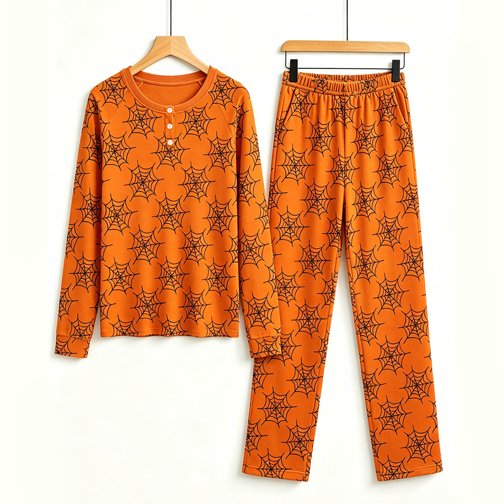 Vibrant Halloween Spiderweb Print Matching Family Pajama Set, Long Sleeve Henley Cotton Loungewear