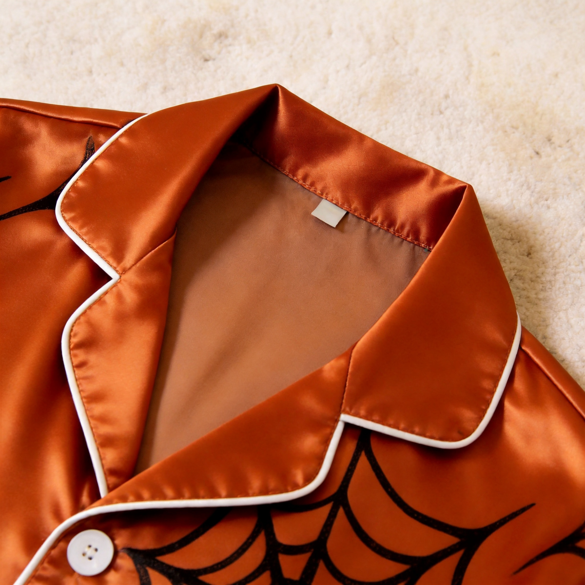 Halloween Spider Web Satin Matching Pajamas for Couples – Long Sleeve Button-Down Top & Pants Sleepwear Set