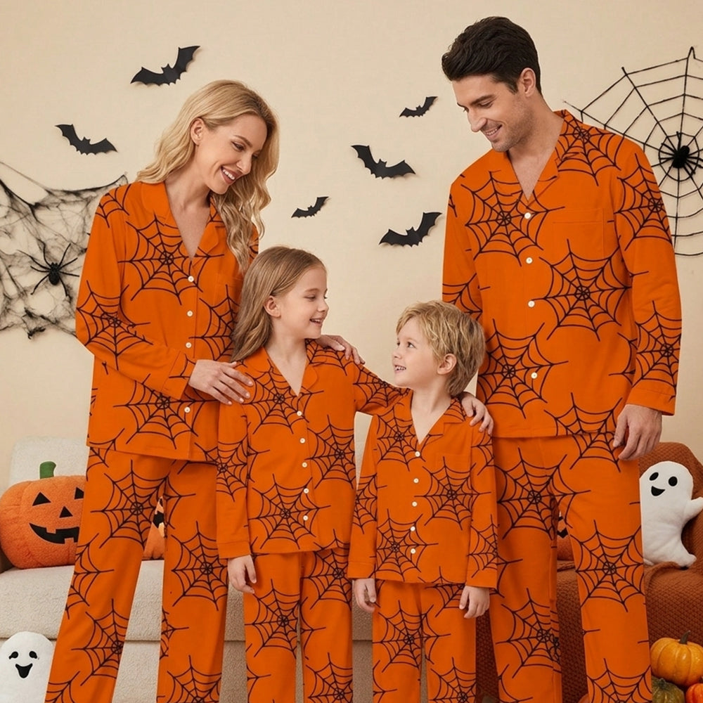 Spooky Halloween Black Spiderweb Print on Orange Matching Family Pajama Set, Button-Down Cotton Loungewear