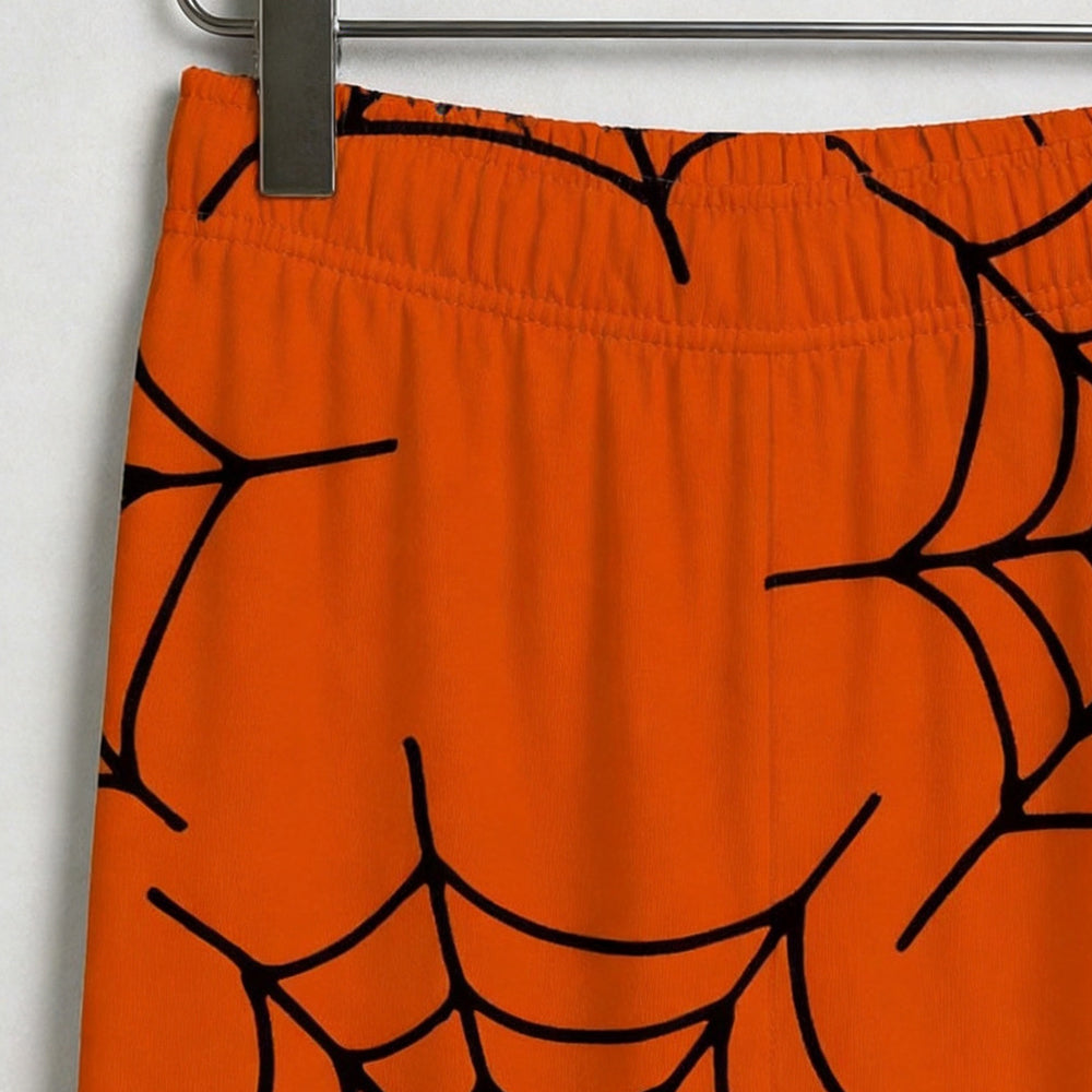 Spooky Halloween Black Spiderweb Print on Orange Matching Family Pajama Set, Button-Down Cotton Loungewear