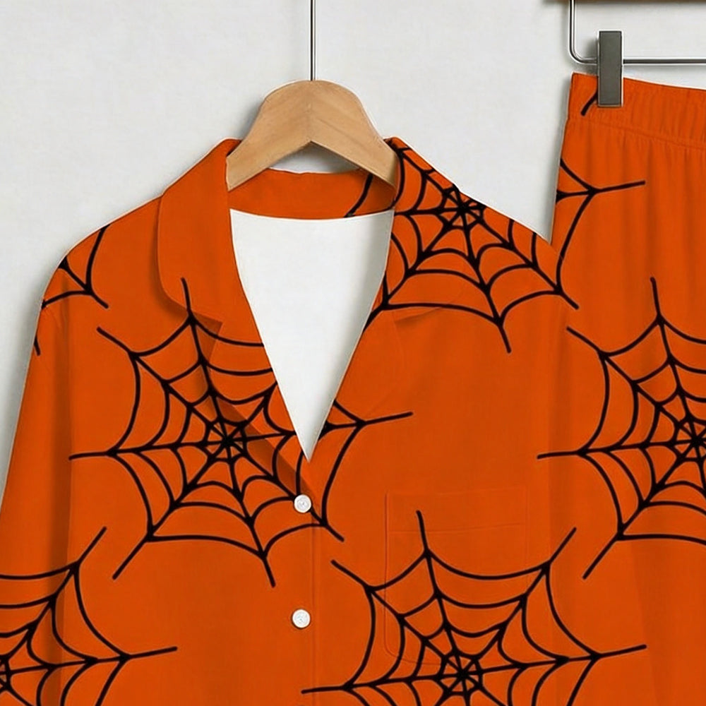 Spooky Halloween Black Spiderweb Print on Orange Matching Family Pajama Set, Button-Down Cotton Loungewear