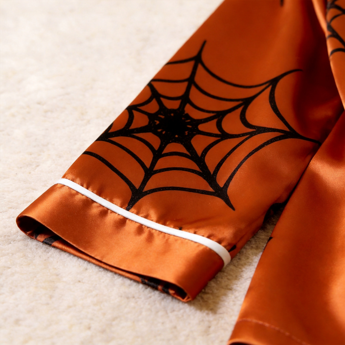 Halloween Spider Web Satin Matching Pajamas for Couples – Long Sleeve Button-Down Top & Pants Sleepwear Set