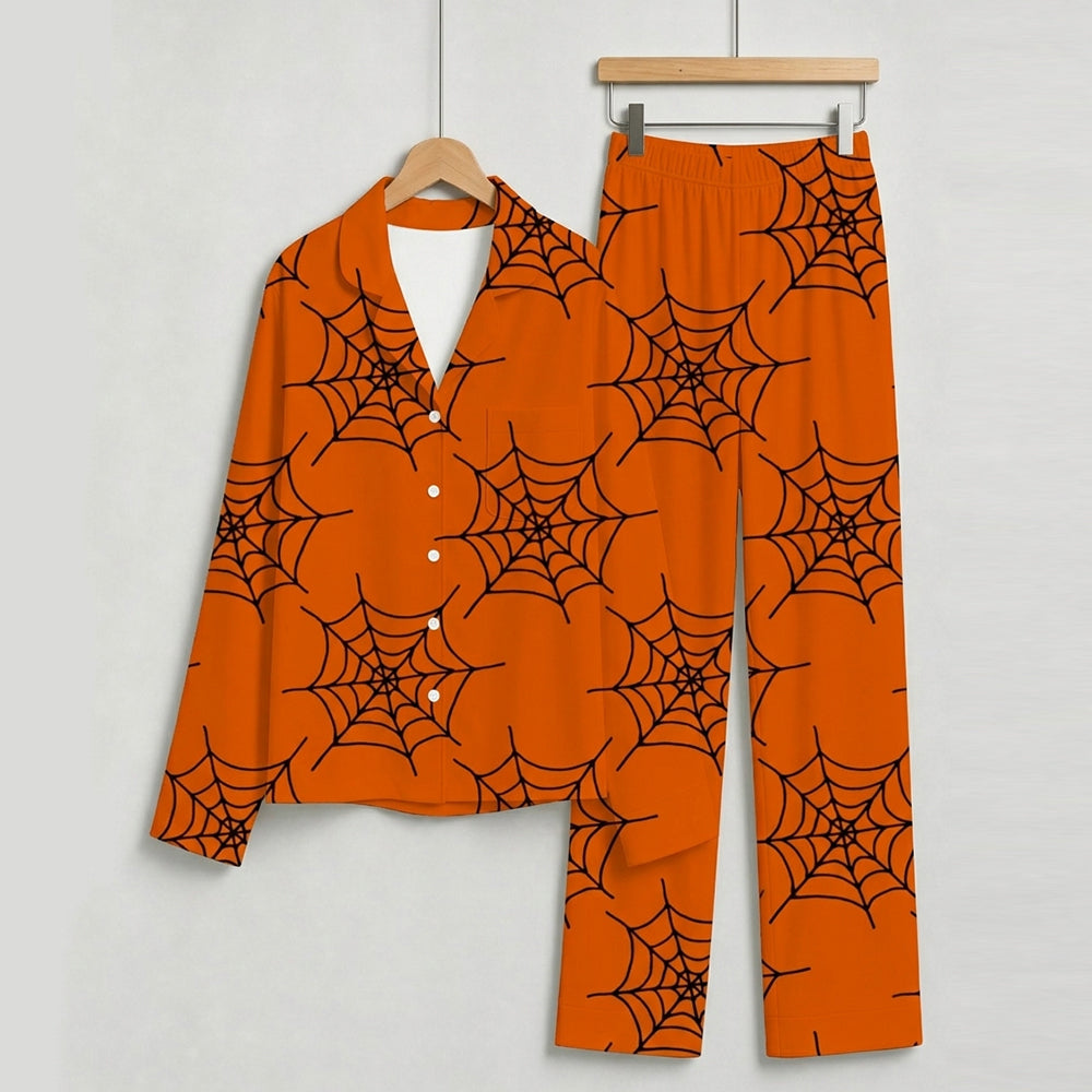 Spooky Halloween Black Spiderweb Print on Orange Matching Family Pajama Set, Button-Down Cotton Loungewear