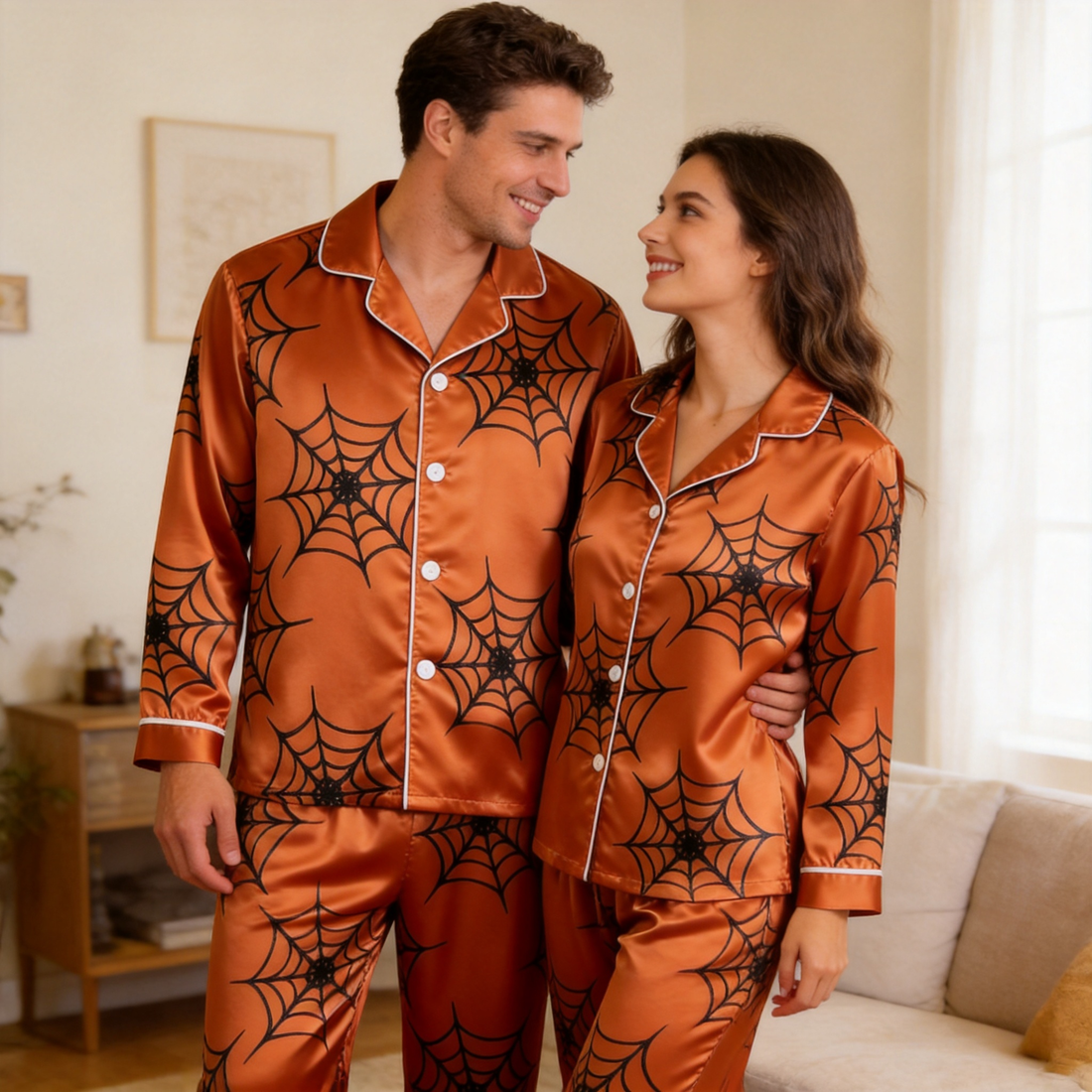 Halloween Spider Web Satin Matching Pajamas for Couples – Long Sleeve Button-Down Top & Pants Sleepwear Set