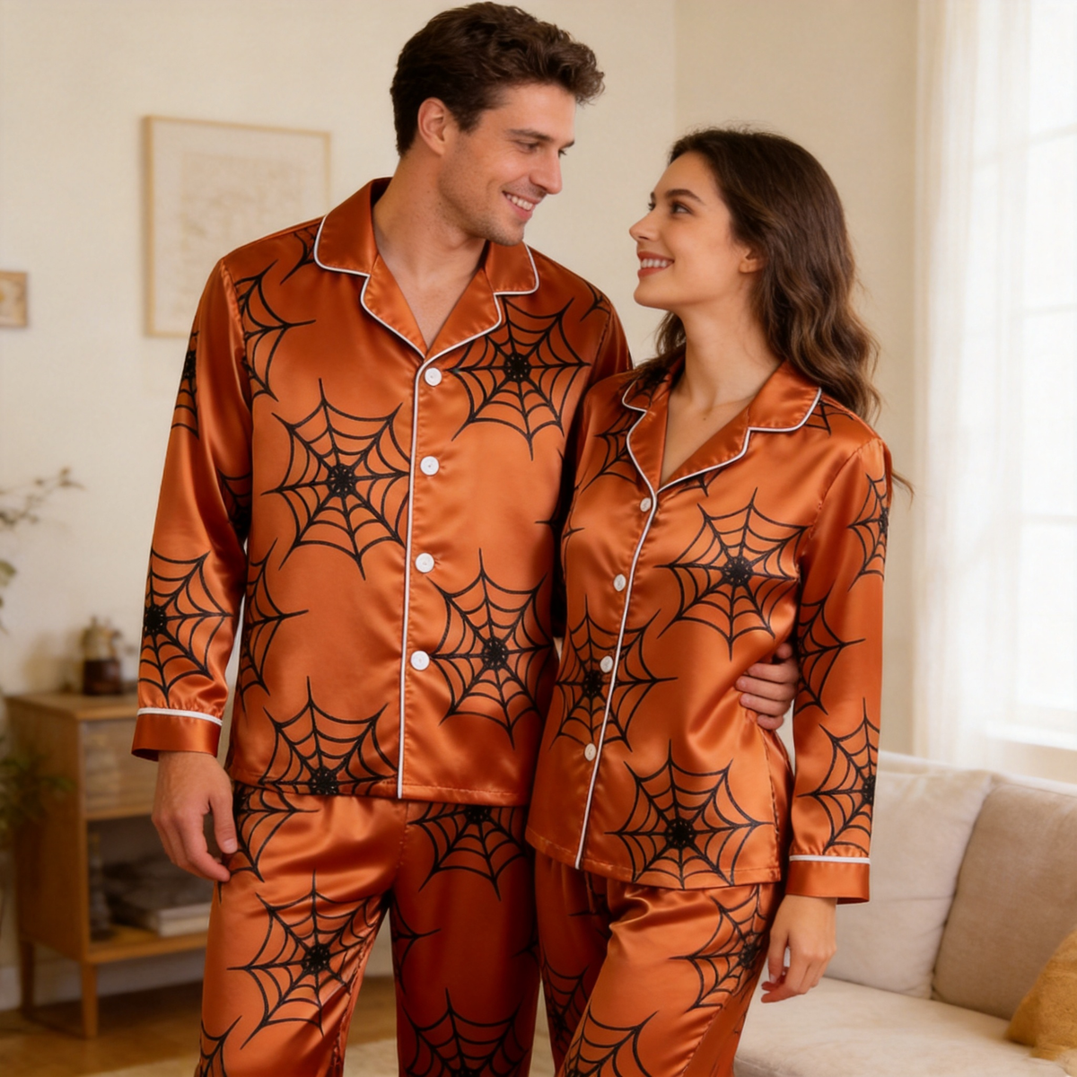 Halloween Spider Web Satin Matching Pajamas for Couples – Long Sleeve Button-Down Top & Pants Sleepwear Set
