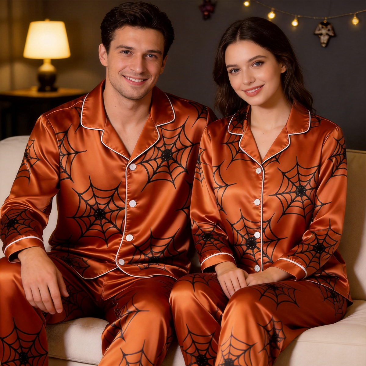 Halloween Spider Web Satin Matching Pajamas for Couples – Long Sleeve Button-Down Top & Pants Sleepwear Set