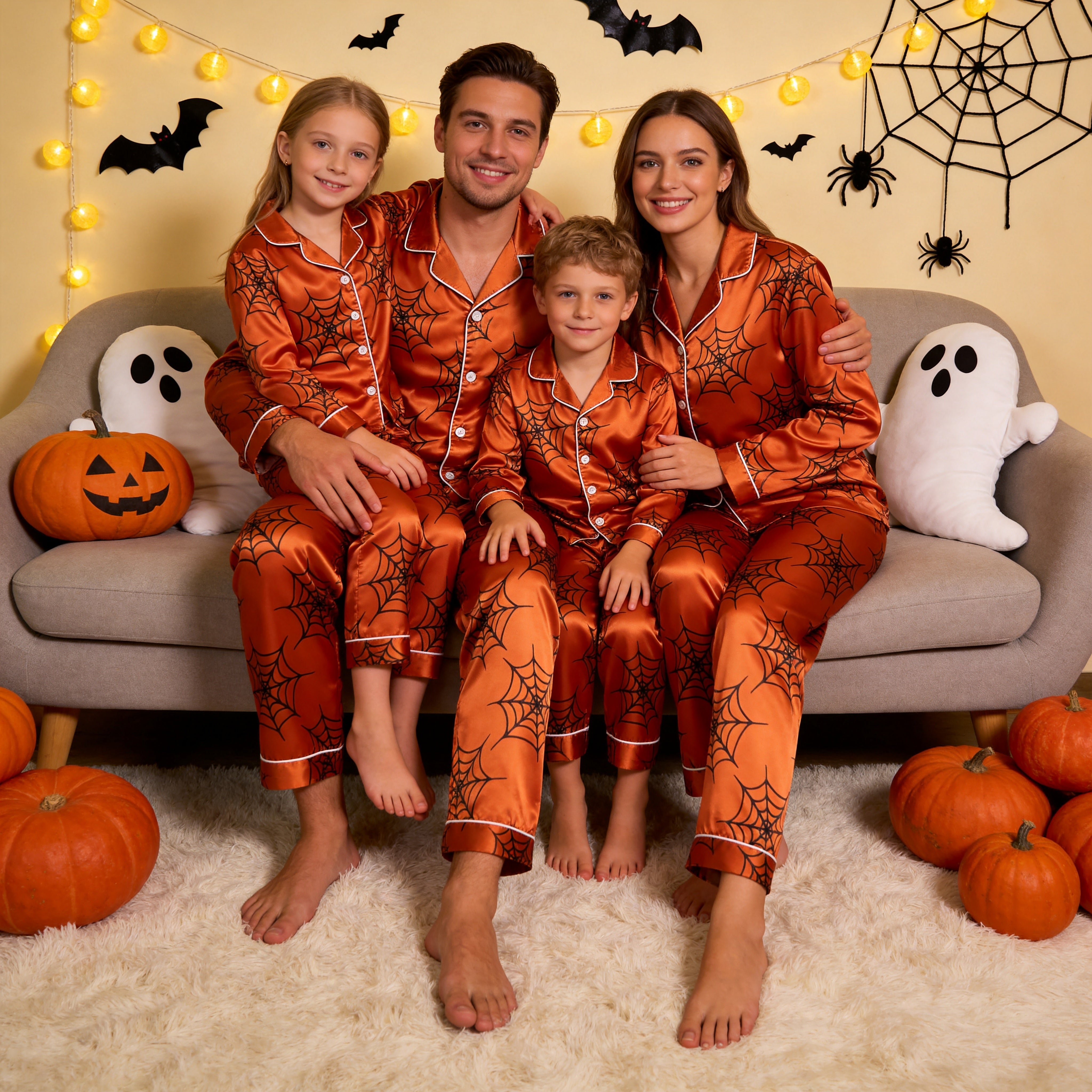 Orange Spider Web Print Satin Button-Up Family Halloween Pajamas Set