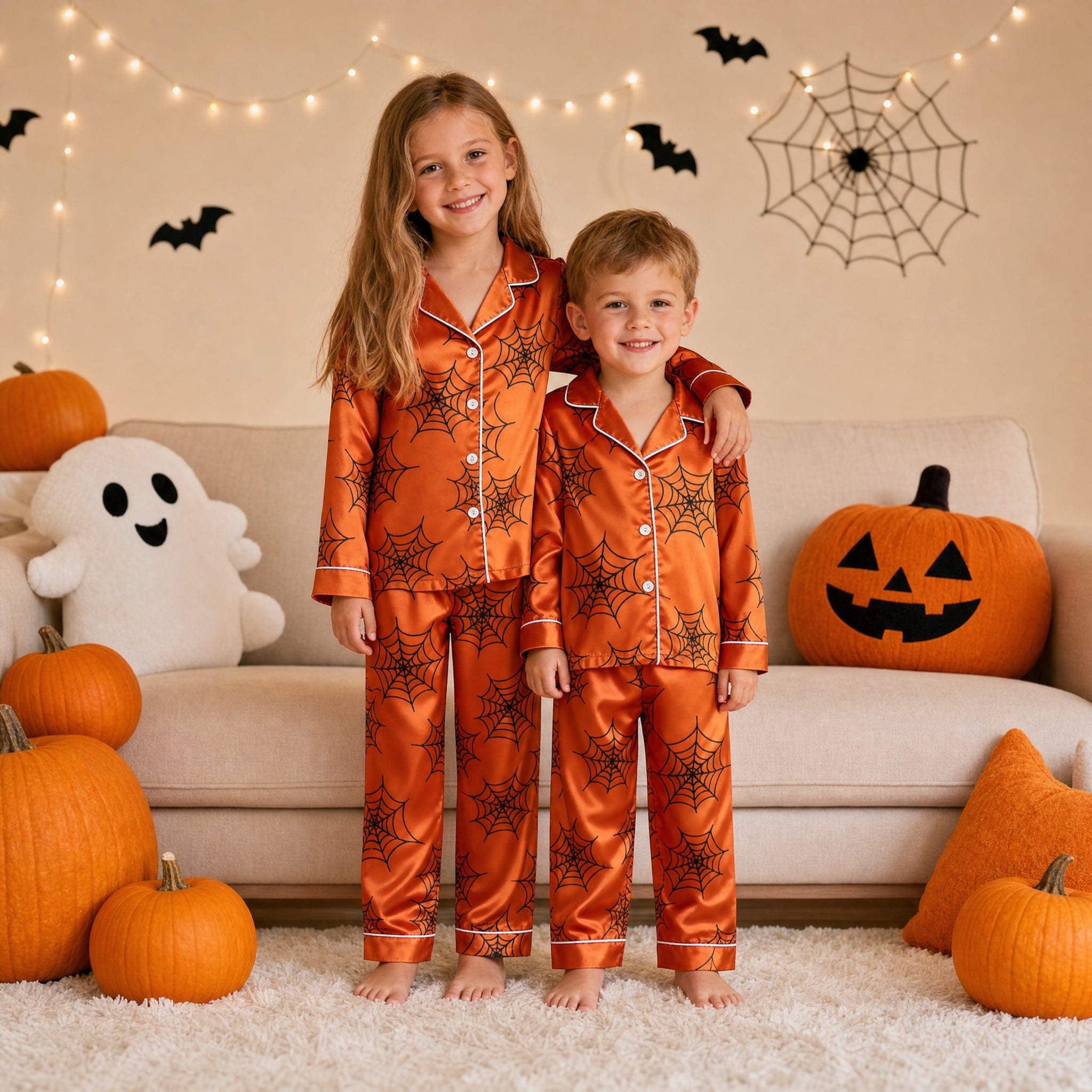 Orange Spider Web Print Satin Button-Up Family Halloween Pajamas Set