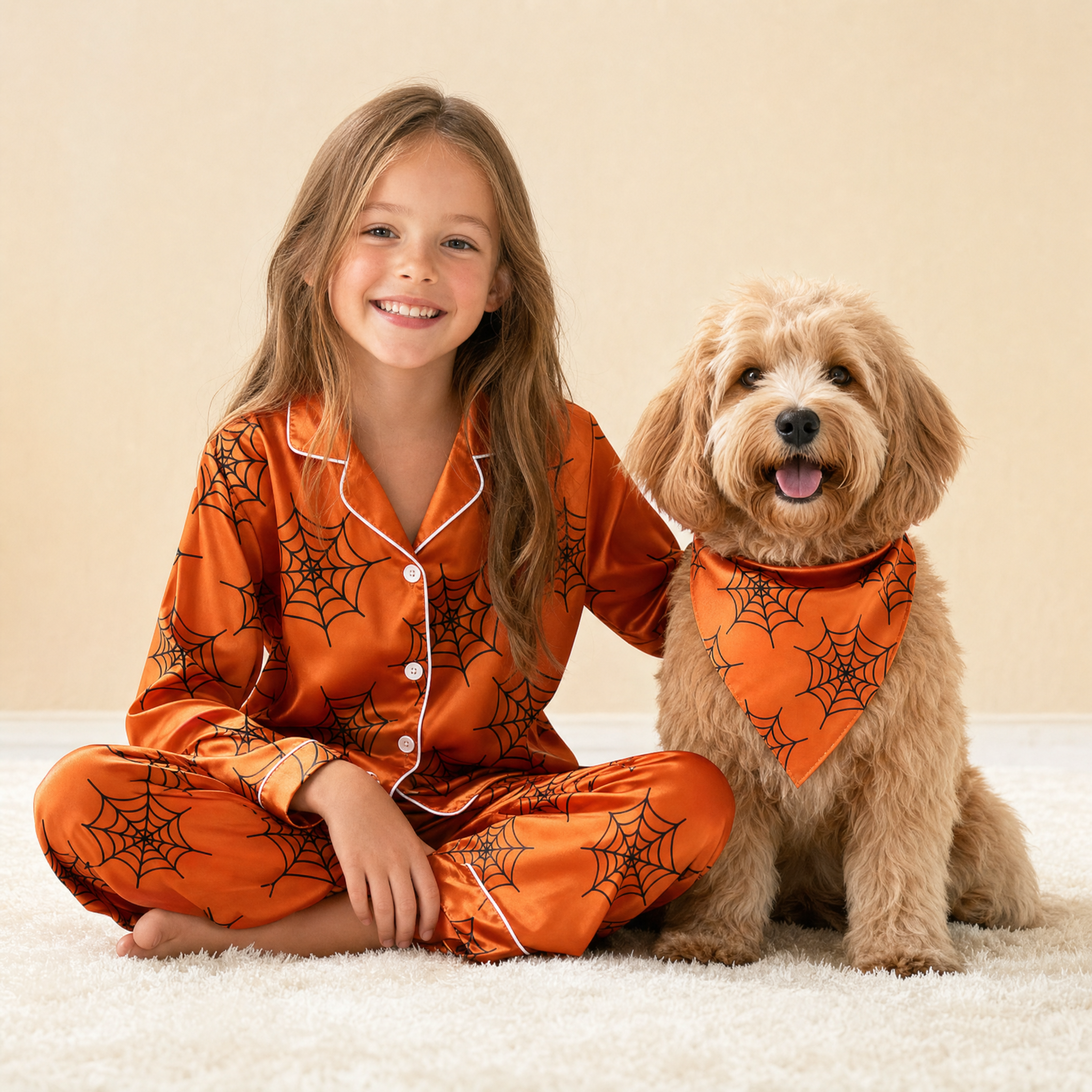 Orange Spider Web Print Satin Button-Up Family Halloween Pajamas Set