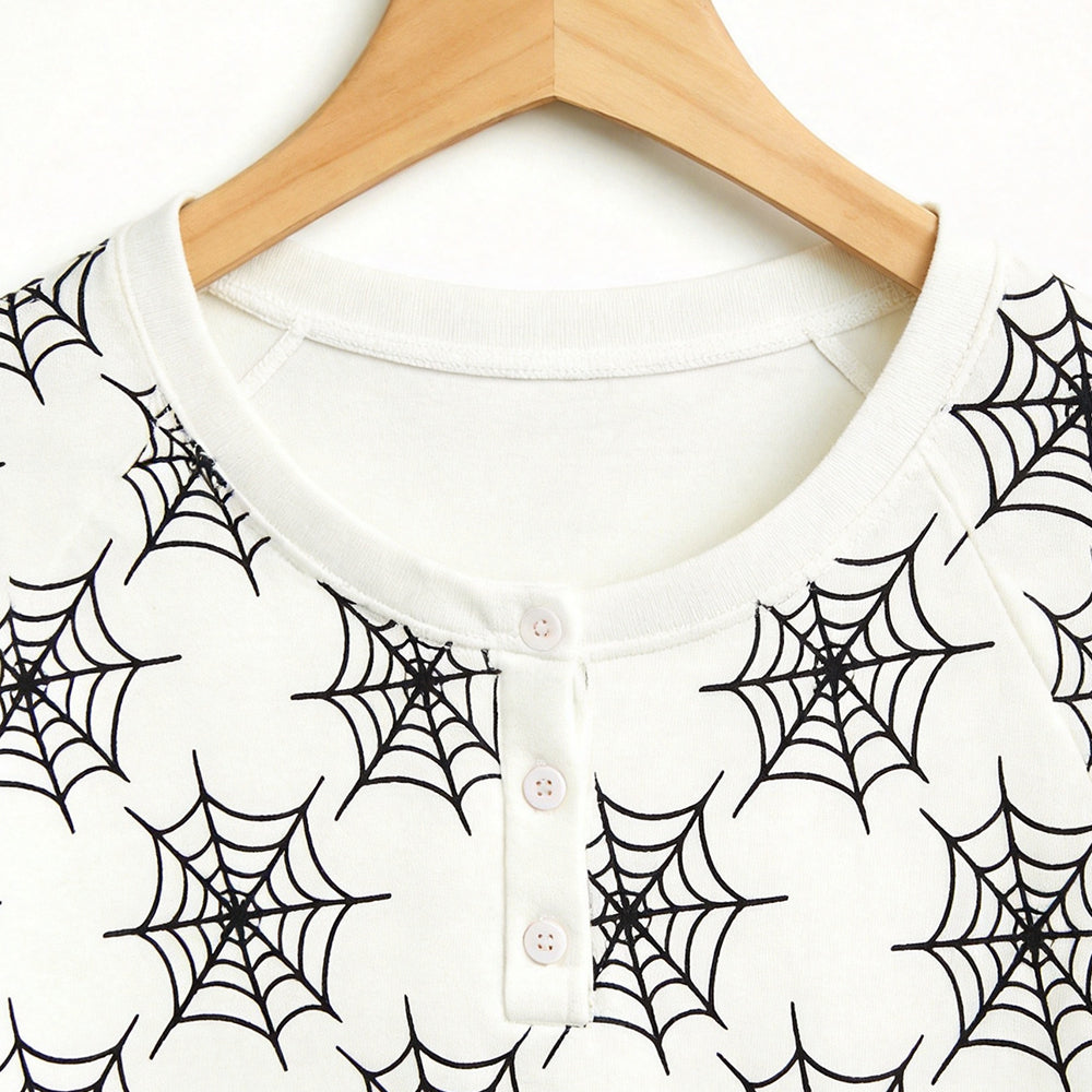 Classic Halloween Spiderweb Print Matching Family Pajama Set, Long Sleeve Henley Cotton Loungewear