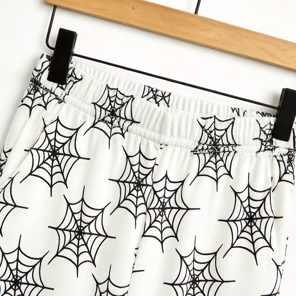 Classic Halloween Spiderweb Print Matching Family Pajama Set, Long Sleeve Henley Cotton Loungewear