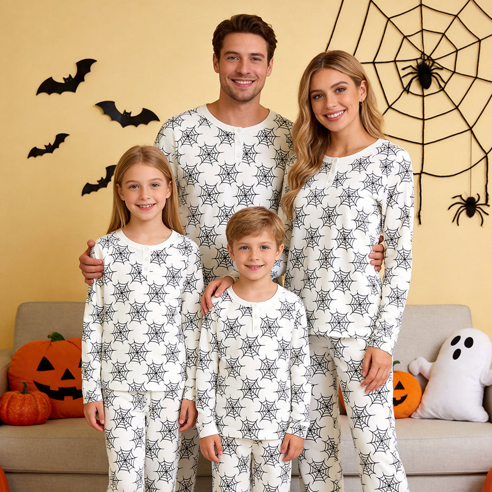 Classic Halloween Spiderweb Print Matching Family Pajama Set, Long Sleeve Henley Cotton Loungewear